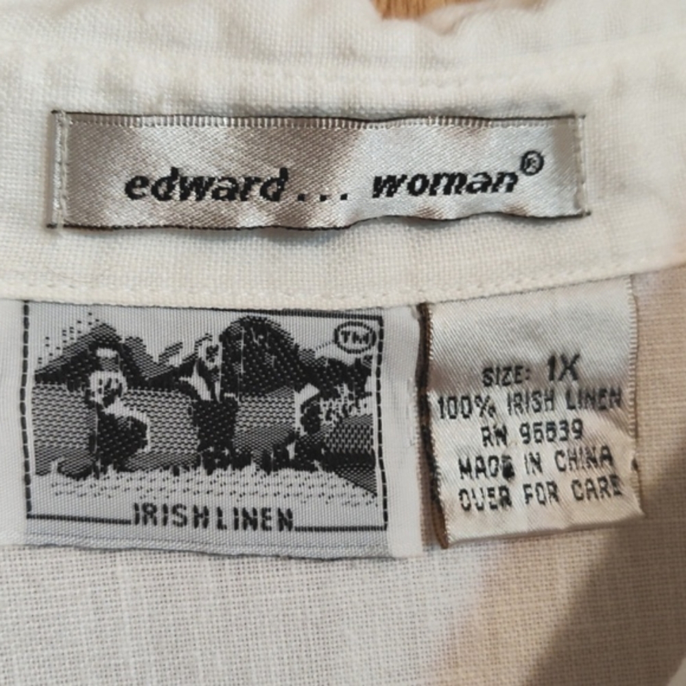 Edward Woman 100% Irish Linen Blouse White Short Sleeve Button Front Pocket 1X - Picture 9 of 9